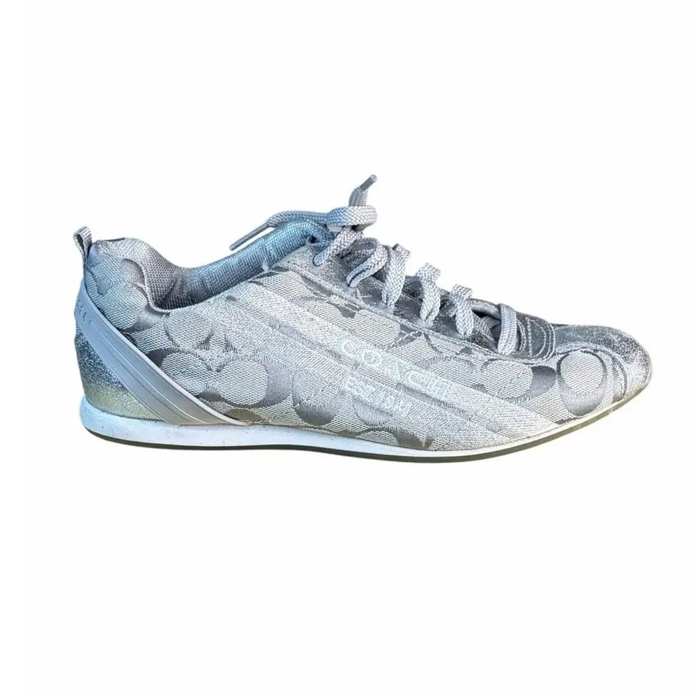 Coach Myla Silver Ecru Logo Low Top Sneakers Womens Size 7 Metallic